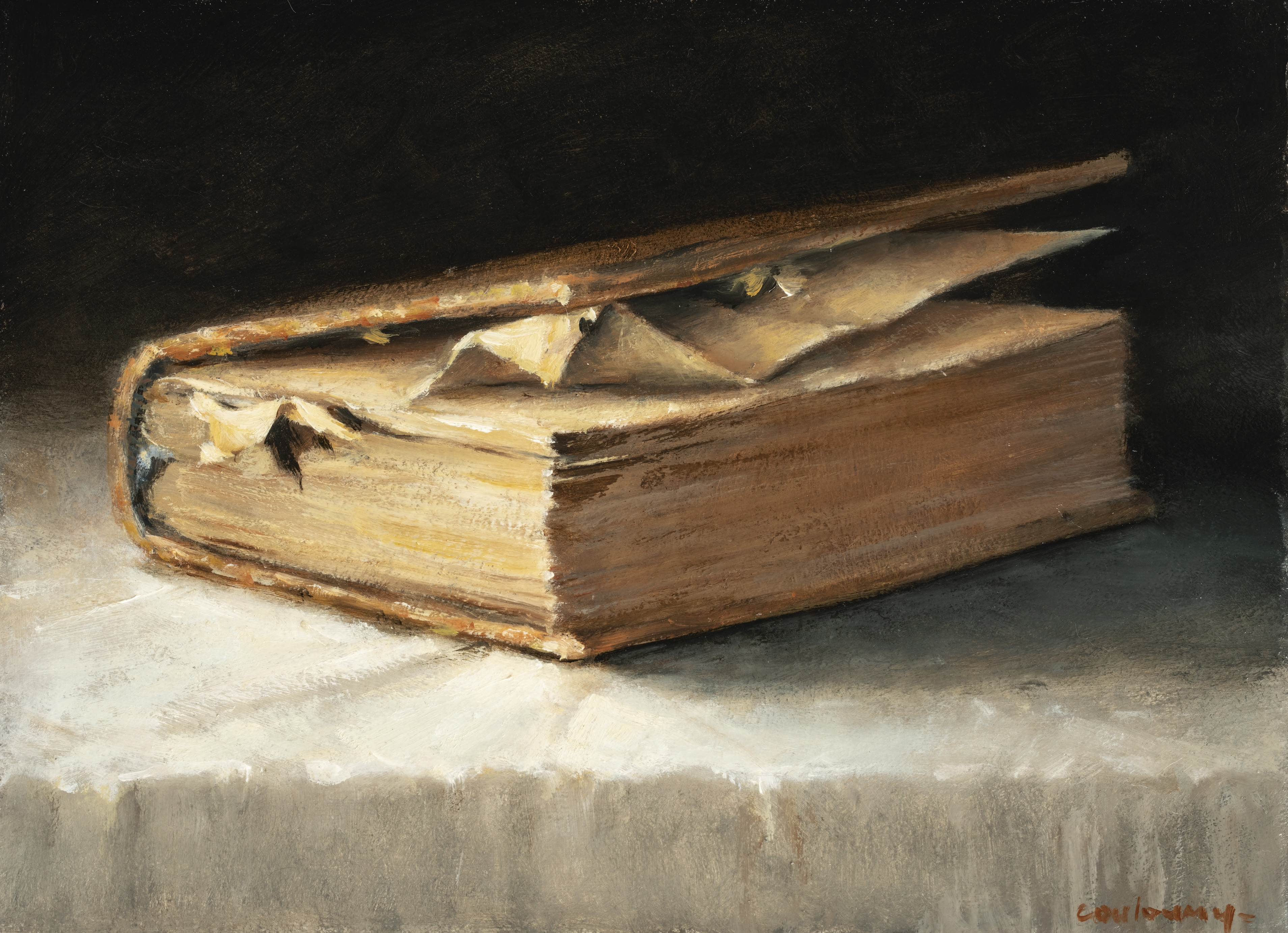 2025 Le livre, huile sur carton, 5 16 x 22 cm, Couloumy