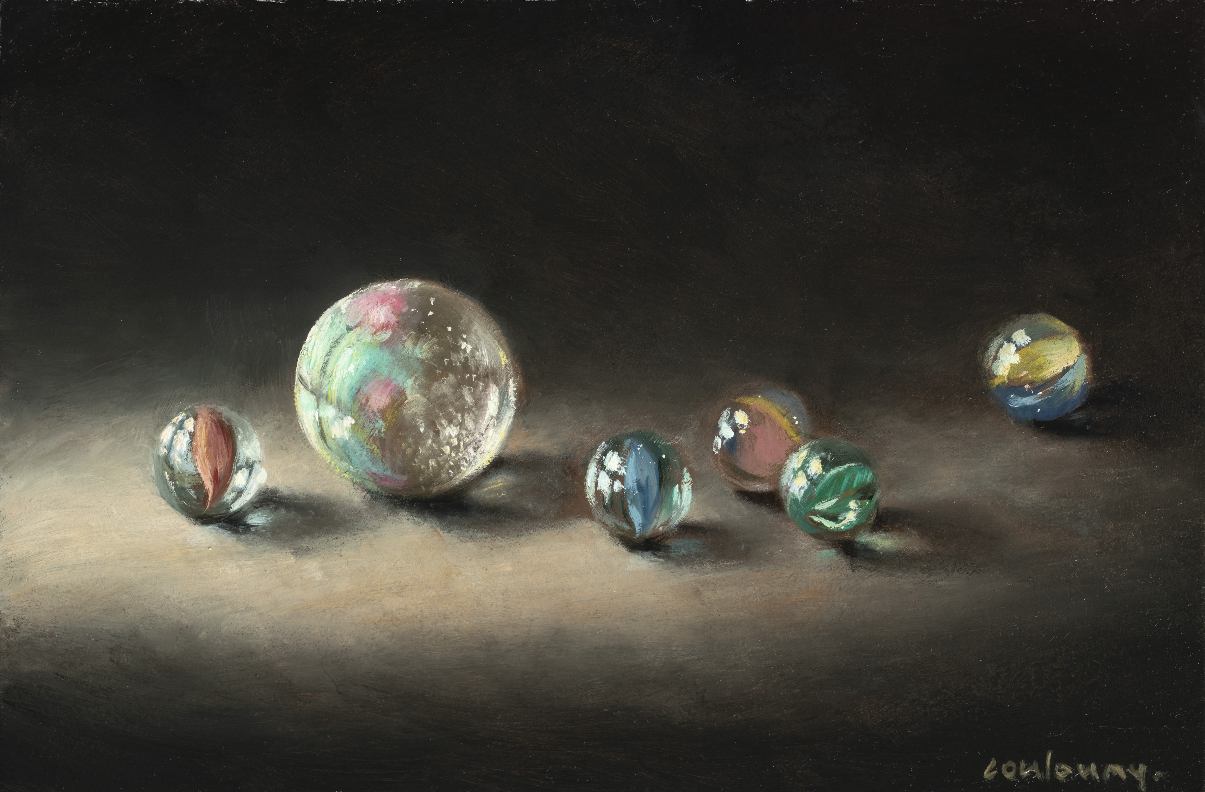 2025 Les billes, huile sur carton, 12 x 18 cm, Couloumy