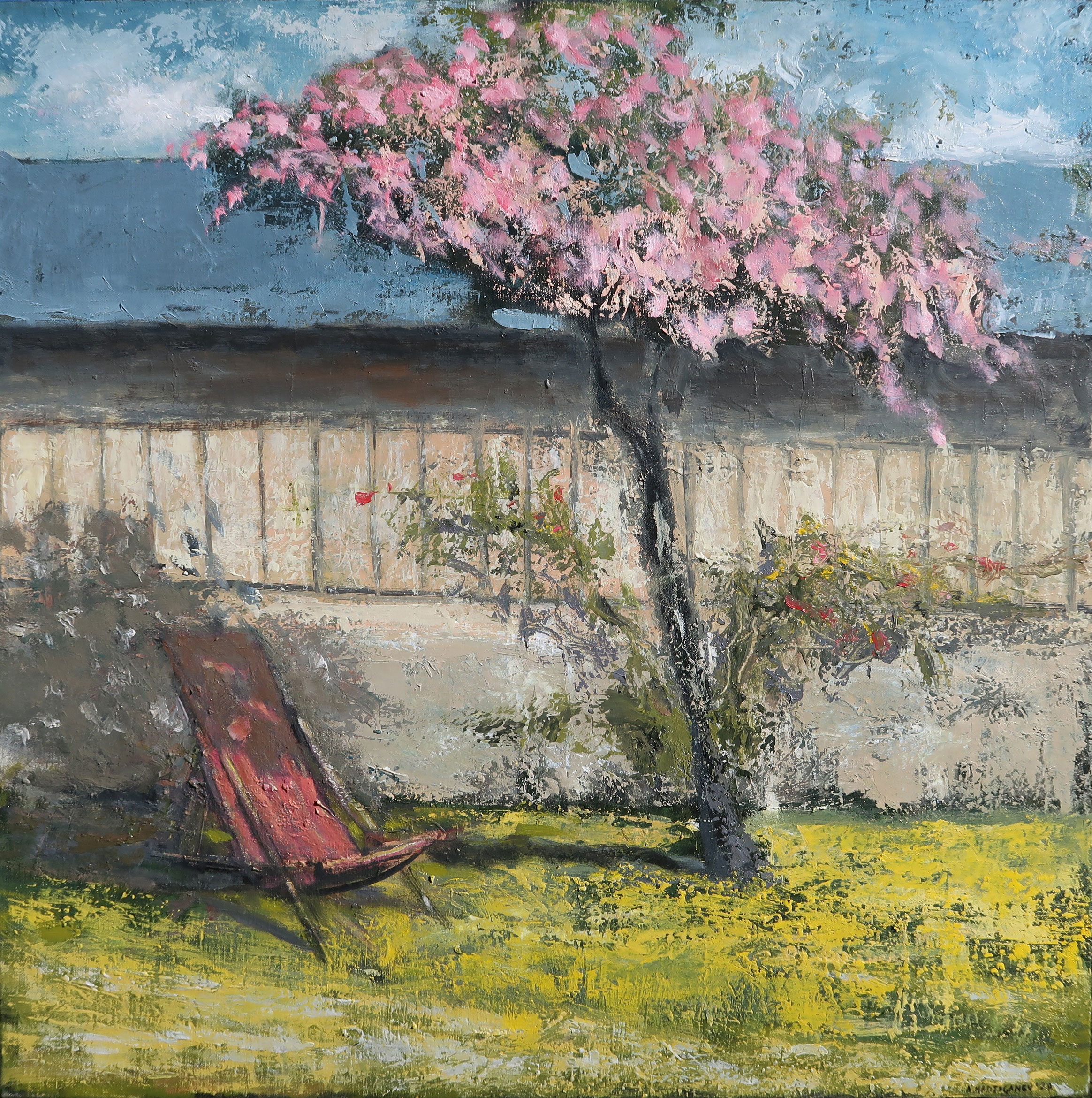 A l'ombre du pêcher en fleurs (100x100cm)